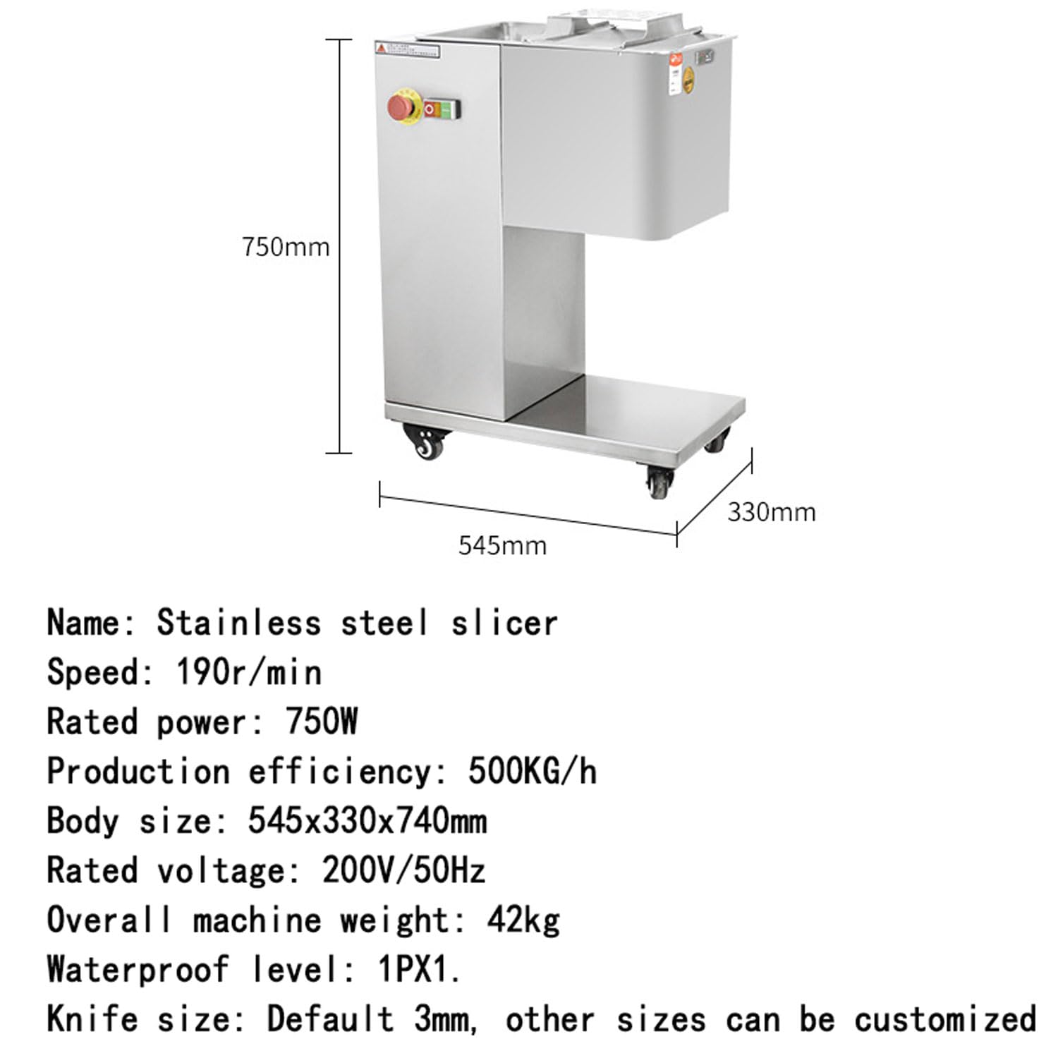 Kommerzielle 750-W-Fleischschneidemaschine, 500 Kg/h Standmodell, Edelstahl-Fleischschneider Mit 3-mm-Klinge, Anpassbar, Elektrischer Schneider Für Rindfleisch, Fisch, Schweinefleisch, Schinken