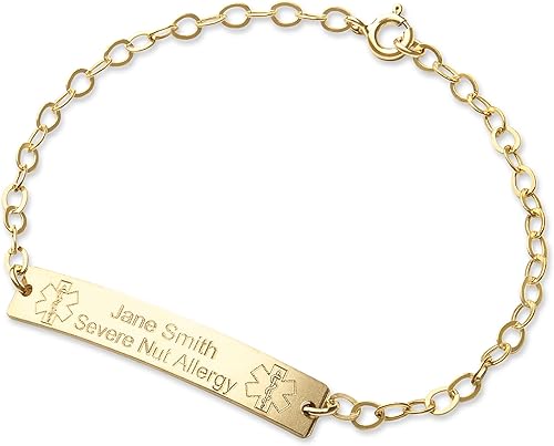 Medical Alert ID Bracelet, Custom Adjustable Medical ID, Personalized Gold Bar Engraved, 14K Gold Filled, Rose, Sterling Silver (CG290N_1.5X0.25).