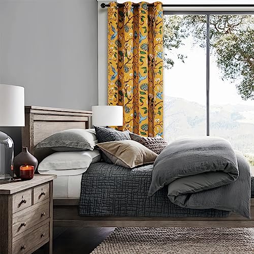 Image of Extra Long 120 Inches Curtains for Large Window Luxury Mustard Yellow Floor To Ceiling Blackout Vintage Floral Hummingbird Fancy Grommet Drop Cloth Damask Drape for Living Room Dining 2 Pages 10 FT