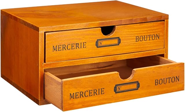 Wooden Desk Organiser with 2 Drawers for Office and Home, French Vintage Design Style, 25 x 18 x 13 cm