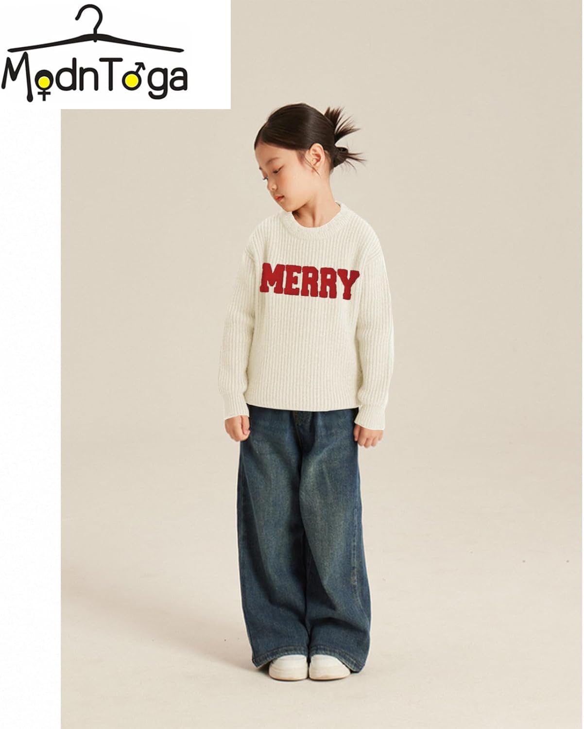 MODNTOGA Kid Boy Girl Merry Sweater Chenille Patch Merry Christmas Pullover Outfit Long Sleeve Knit Blouse Crewneck Xmas Top
