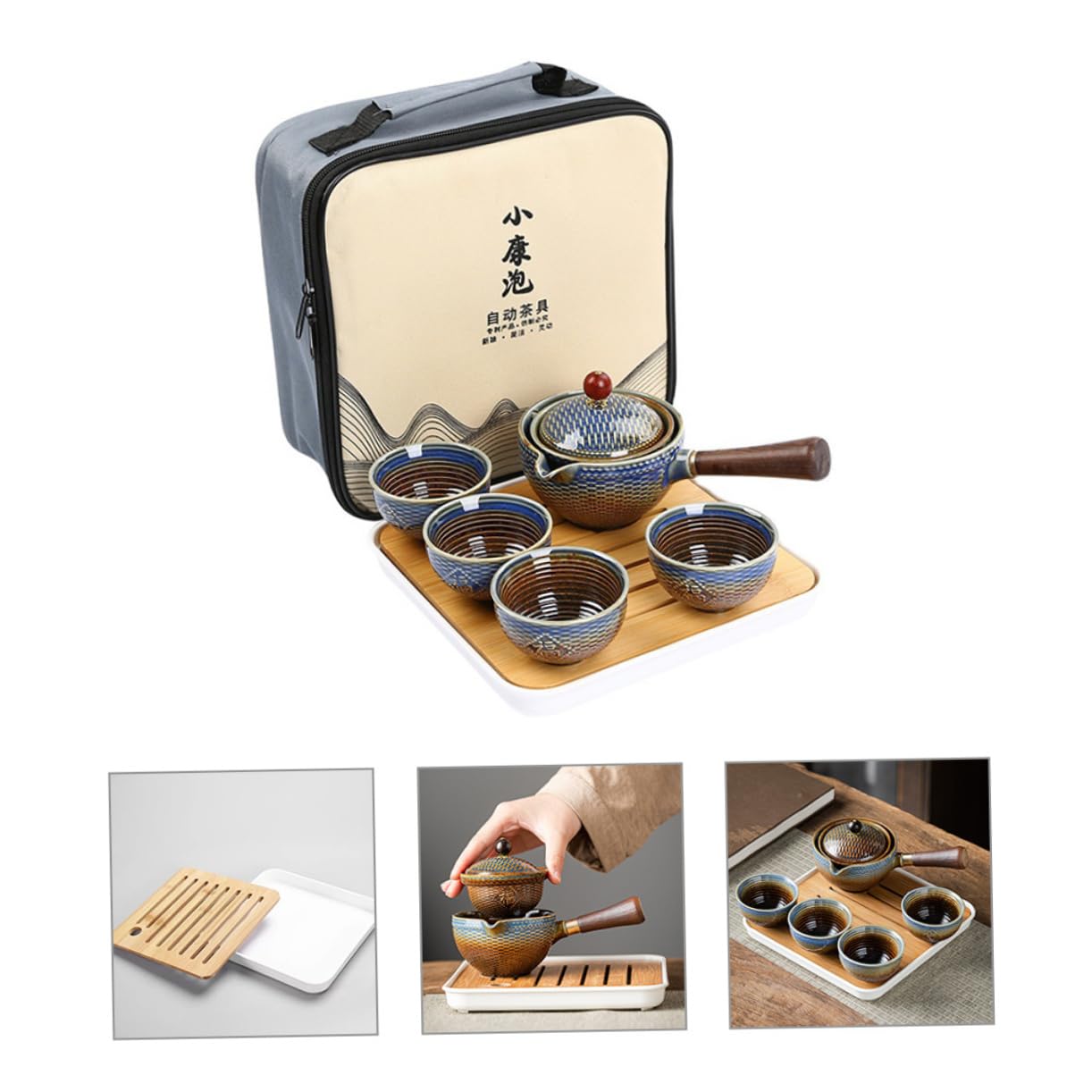 Juego de Té de Cerámica 1 Set de Viaje Portátil para Hogar | Bambú y Madera, Bolsa de Almacenamiento, Diseño Elegante, para Apasionados del Té, Formato Compacto