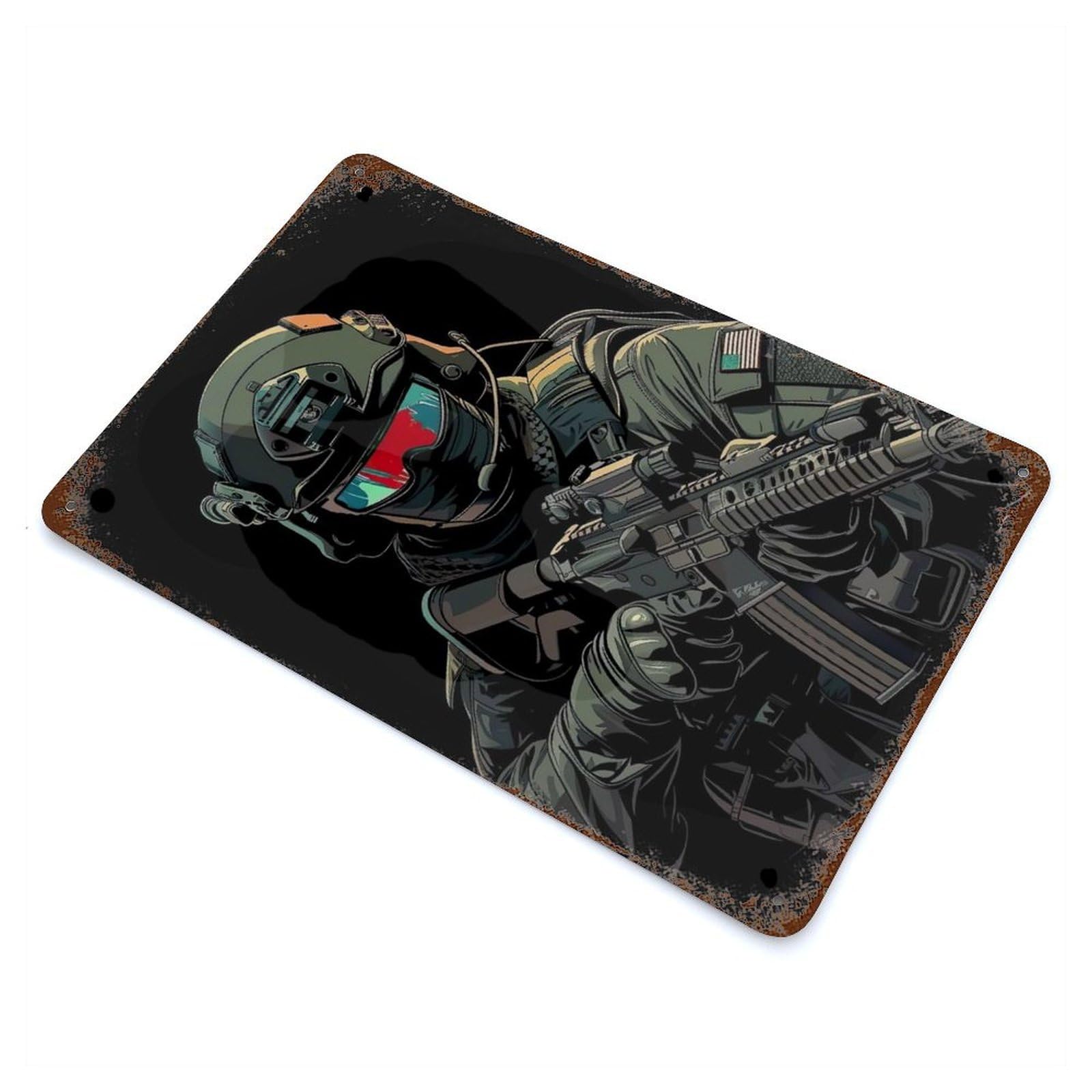 American Soldier with Rifle 11.8"x7.9" Rust Effect Tin Sign, Vintage Wall Decor for Farmhouse, Kitchen And Entryway Decor