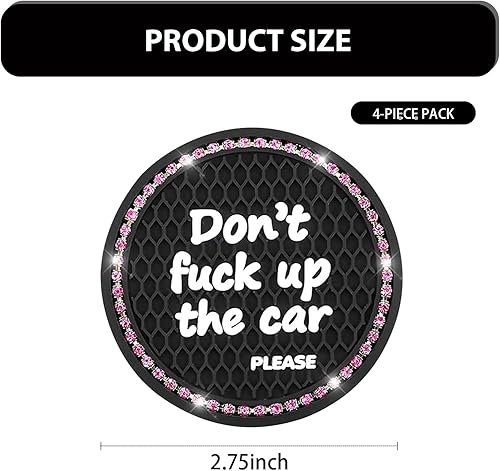 Miniatura 2 de UGSHY 4 posavasos estampados con frase popular para automóvil, de 2.75 pulgadas, anillo exterior con incrustaciones de diamantes de imitación,