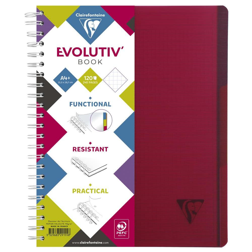 Clairefontaine Lot de 5 Cahiers spiralé Evolutiv'Book 240 p perfo 4 trous 23,5x29,7cm 5x5 - Intercalaires