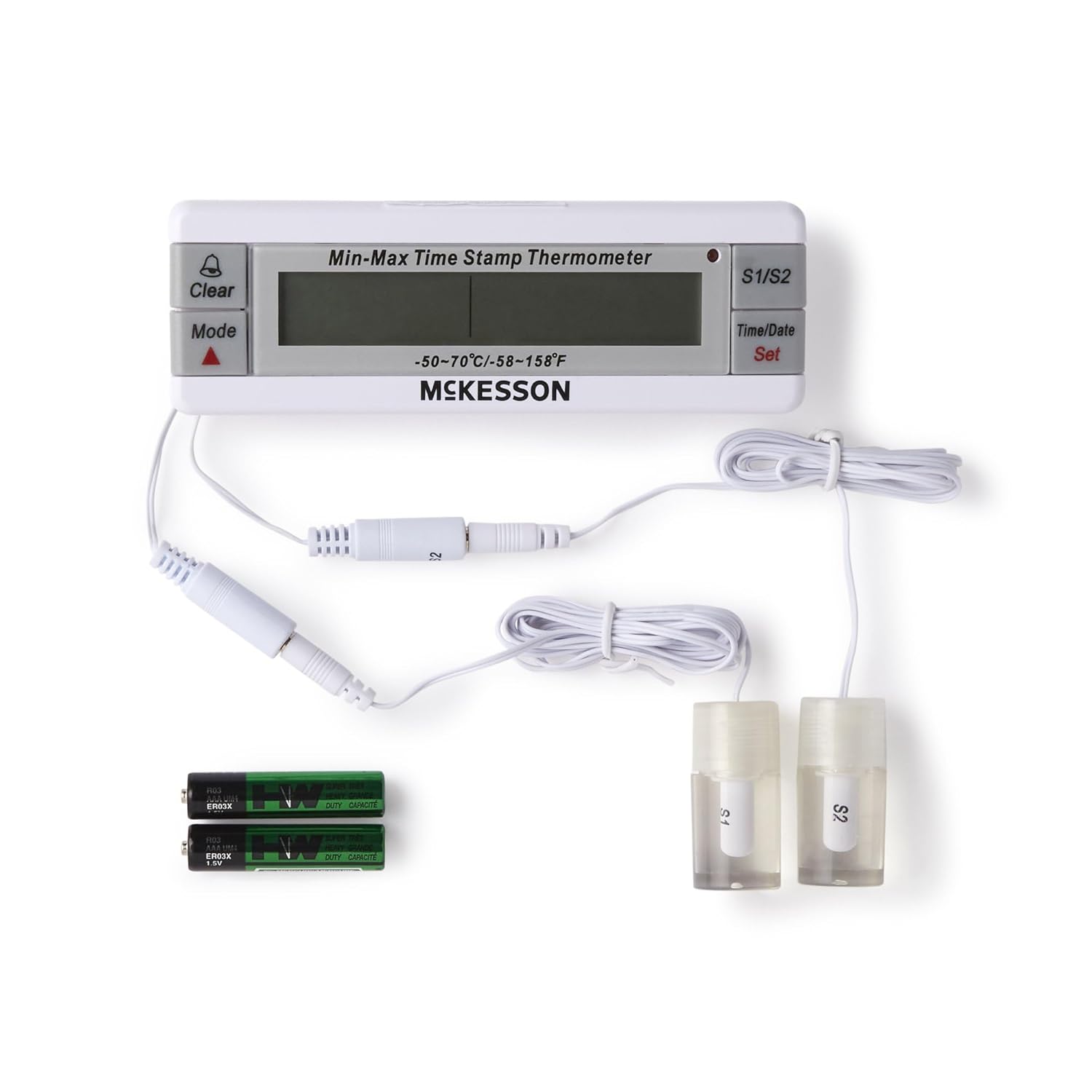 Components of the McKesson Dual-Probe Thermometer, including the main unit, two probes, and batteries.