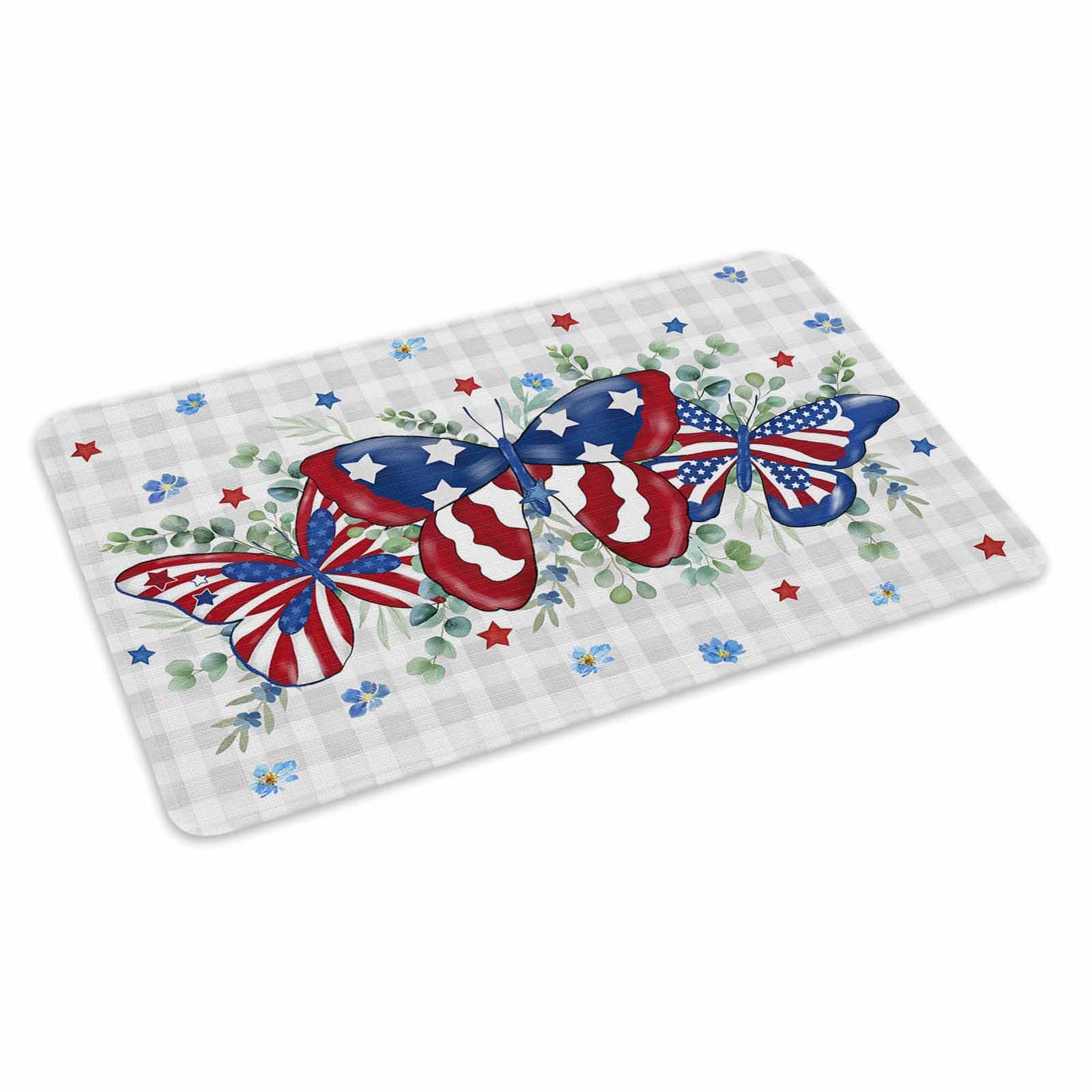 4th of July Door Mat Patriotic Butterfly Doormat Eucalyptus Leaves Grey Plaid Independence Day Welcome Mat Non Slip Rubber Entryway Front Rug Floor