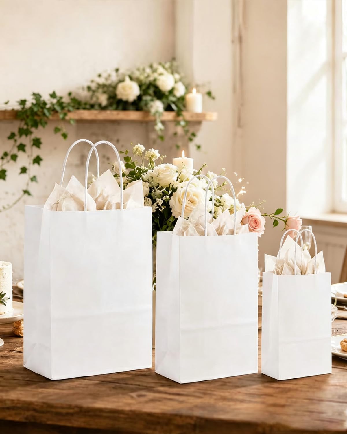 qiqee Confezione da 100 sacchetti regalo in carta bianca con manici, dimensioni assortite (33 grandi 33 cm, 33 medi 28 cm, 34 piccoli 20,3 cm)