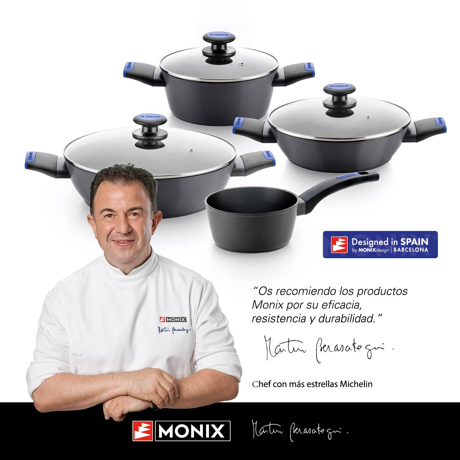 MONIX Martín Berasategui | Batería de cocina 7 piezas, Aluminio Forjado con Antiadherente, sin PFOA, Apta para todo tipo de Cocinas incluida Inducción
