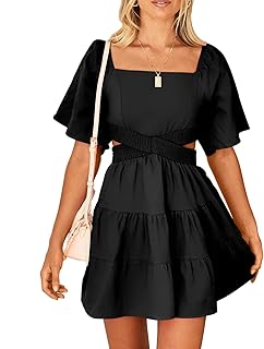Women's Summer Dress Square Neck Short Sleeves Crossover Waist Casual Party Mini Dress - Buy now