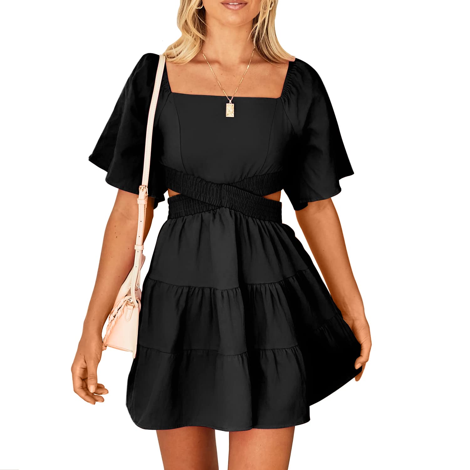 Shy Velvet Women's Summer Dress Square Neck Short Sleeves Crossover Waist Casual Party Mini Dress