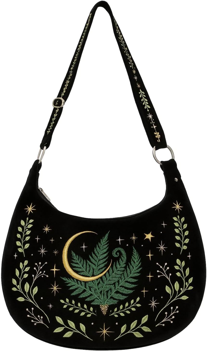Crescent Shoulder Bags for Women – Cute Gothic Hobo Tote Handbag with Moon & Star Embroidery, Crossbody Purses