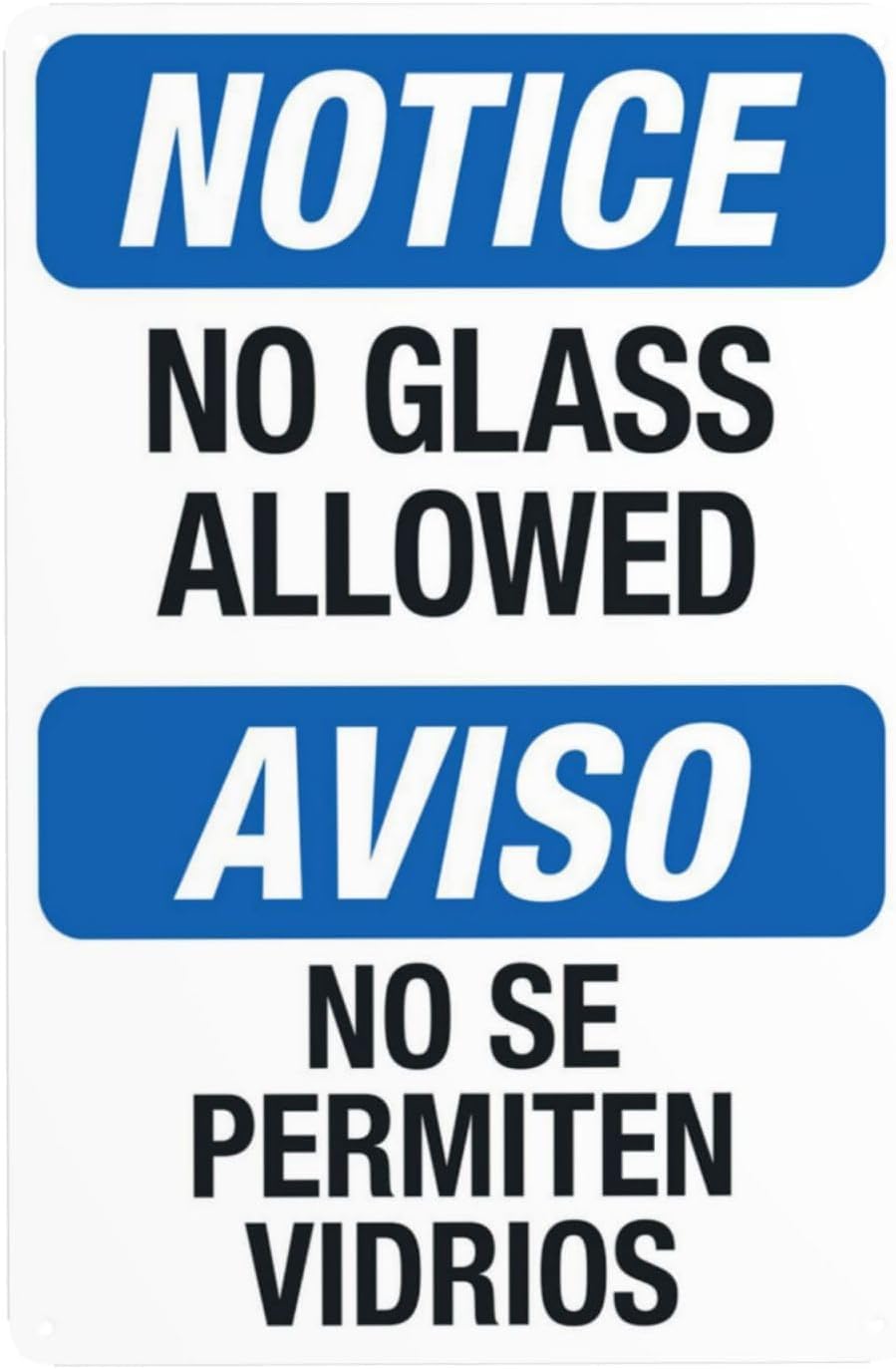 Notice No Glass Allowed Pool Bilingual Rust Free Aluminum Sign - Spanish-English Decor with Pre-Drilled Holes for Home/Business Pool - 12x16 Inch​