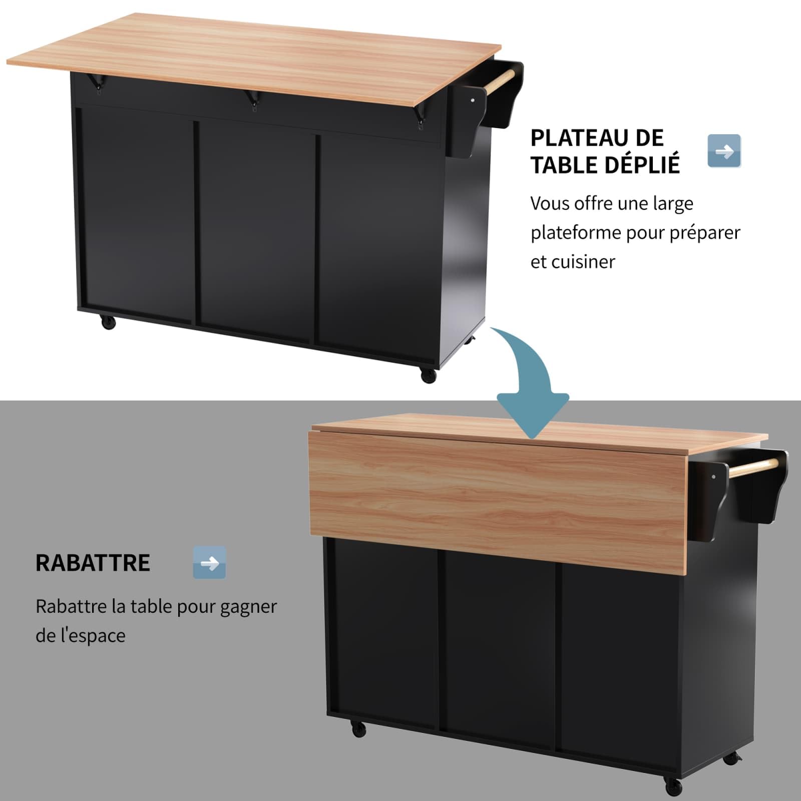 PUGSDRLY Desserte de Cuisine à roulettes,Buffet Meuble,îlot de Cuisine avec Plateau de Table Pliable,2 Tiroirs et 3 Portes,Roulette ou Pieds en Bois Massif (Noir-C)
