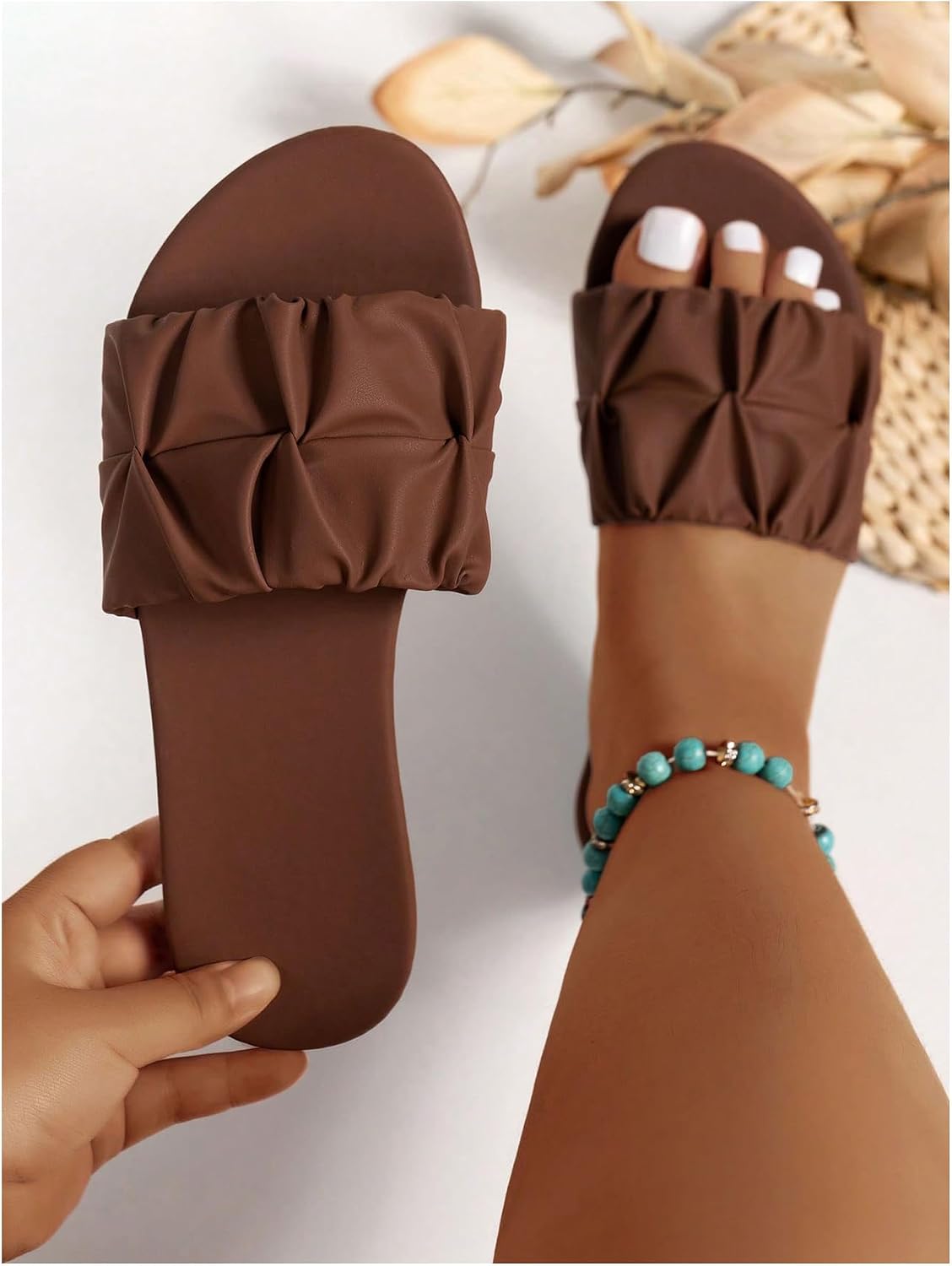 GORGLITTER Women's Ruched Flat Sandals Trendy 2026 Dressy Summer Wedding Party Beach Wide Width Slip on Slide Sandals image 2