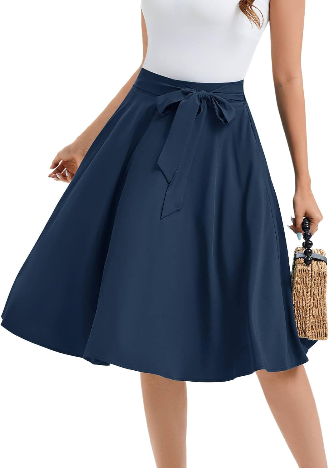 Bbonlinedress Women's Midi Skirt High Waist A-line Skater Skirt Vintage Casual Elastic Flared Swing Pocket Skirt