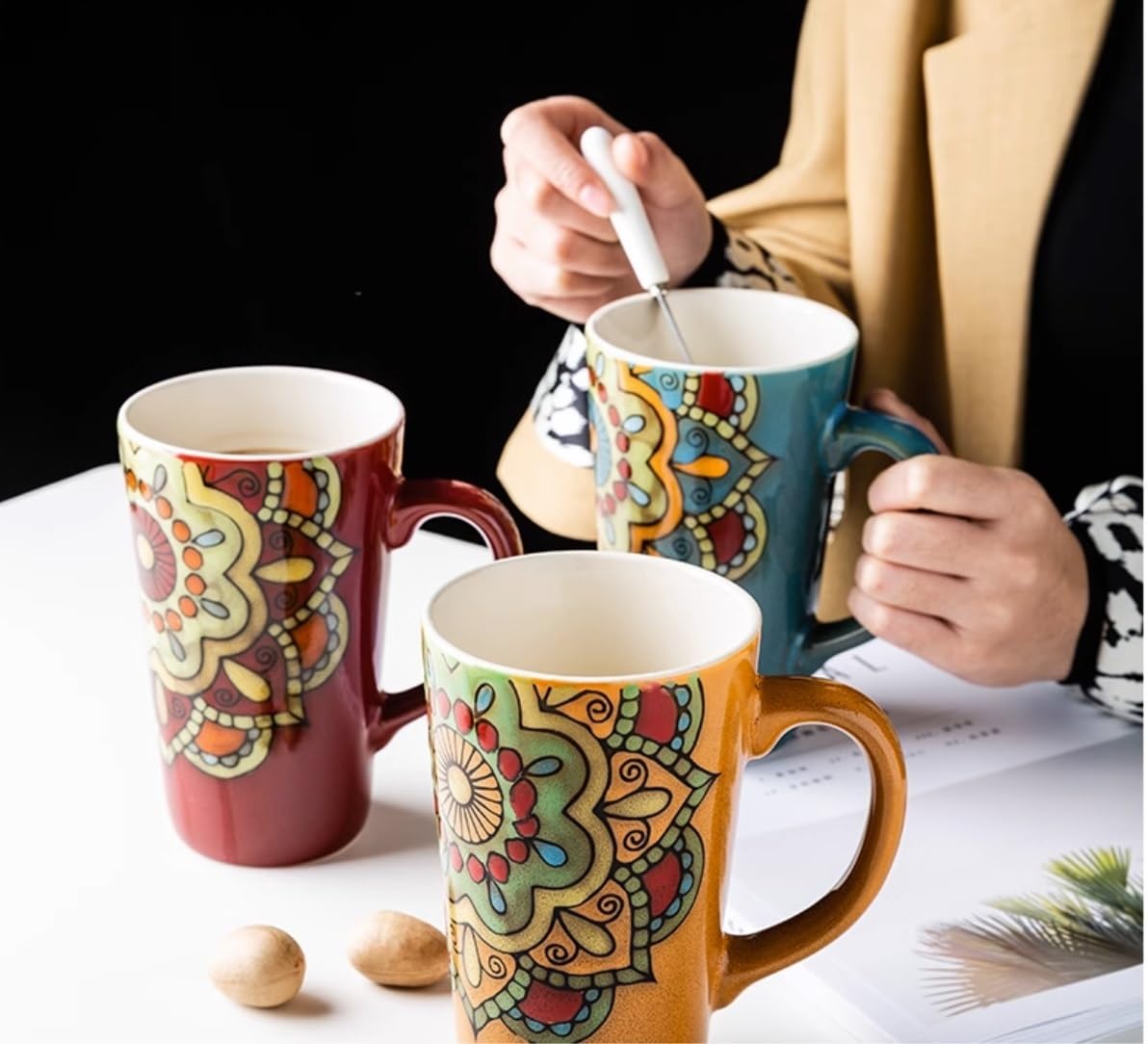 Tazas De Cafe Tazas Desayuno Tazas Taza De Estilo Étnico Taza De Café Pintada A Mano Retro Taza Larga Grande Taza De Cerámica De Gran Capacidad Oficina En Casa Tazas Cafe Taza Desayuno ( Color : B , S