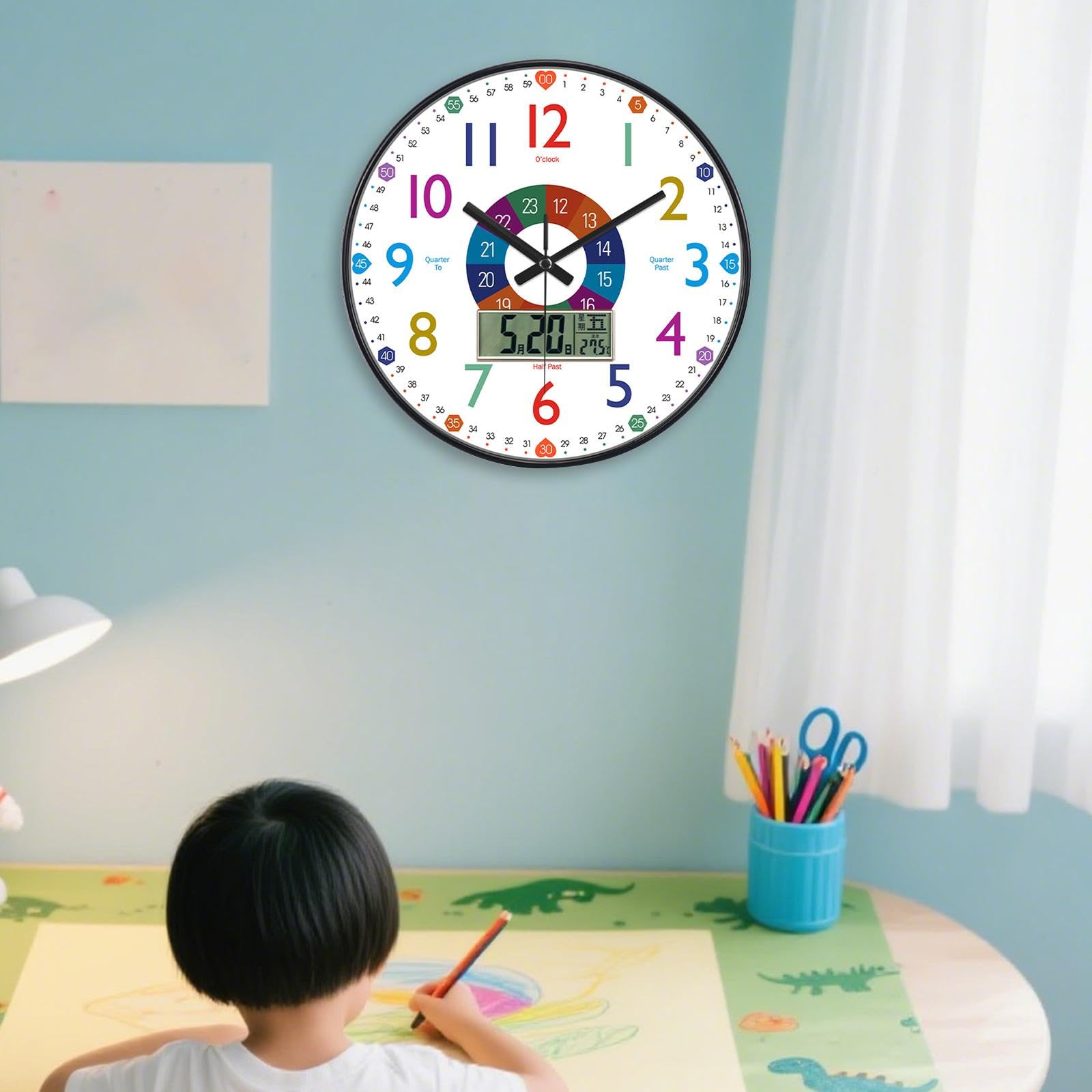 Reloj Infantil para Enseñar La Hora con LED Multifunción Sin Ruido Material PP Y Vidrio Adecuado para Decoración de Cuarto Infantil Escuela Bi, Style C, Individual