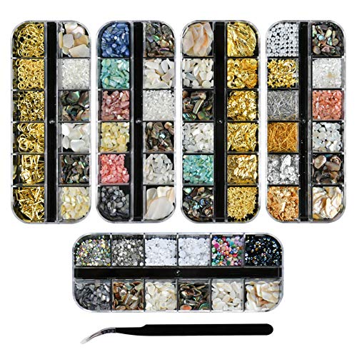 Ranvi 3000 juego de diamantes de imitación con remaches de concha de lentejuelas, diamantes de imitación de lentejuelas multicolores para decoración de uñas (5 cajas, 1 pinza) Estilo 4 Cover