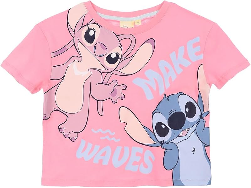 Disney Stitch T Shirt Bambina 100% Cotone Maglietta Estiva Manica Corta Licenza Ufficiale Modello Classico o Crop Top Taglie 3-14 Anni