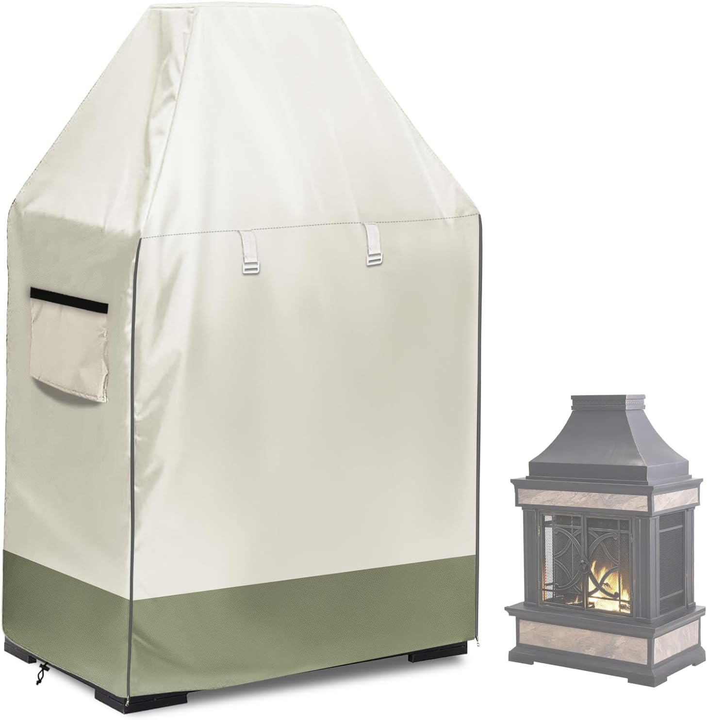 Outdoor Fireplace Cover,Heavy Duty 600D Oxford Waterproof Steel Chimney Fireplace Cover for Patio Wood Burning Chimineas Fireplace,36"W × 24"D × 57"H,Beige and Grayish Green