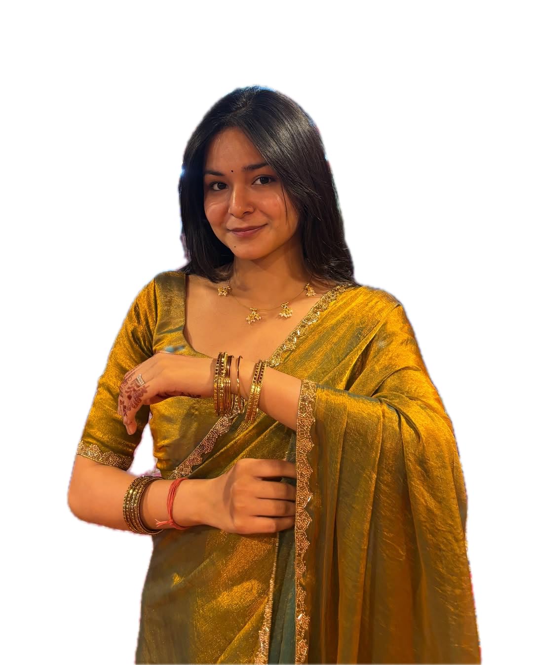 vinayak textile Women's Gold Blue Green Two Tone Tissue Chiffon Jimmi Chu Silk Saree With Blouse (Golden Galaxy A73)-picture-30