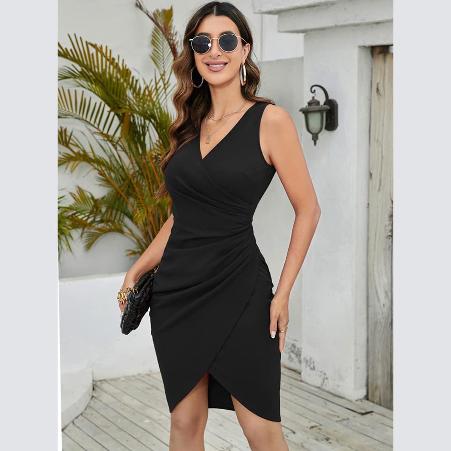 Vestido de Mujer Sexy con Cuello en V, sin Mangas, de imitación, Color sólido, Ajustado, Vestido Midi de Verano