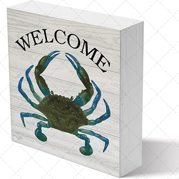 Funny Well Wooden Box Sign Crab Welcome Farmhouse Quote Wood Box Sign For Home Shelf Table Decoration 5 X 5 Inch