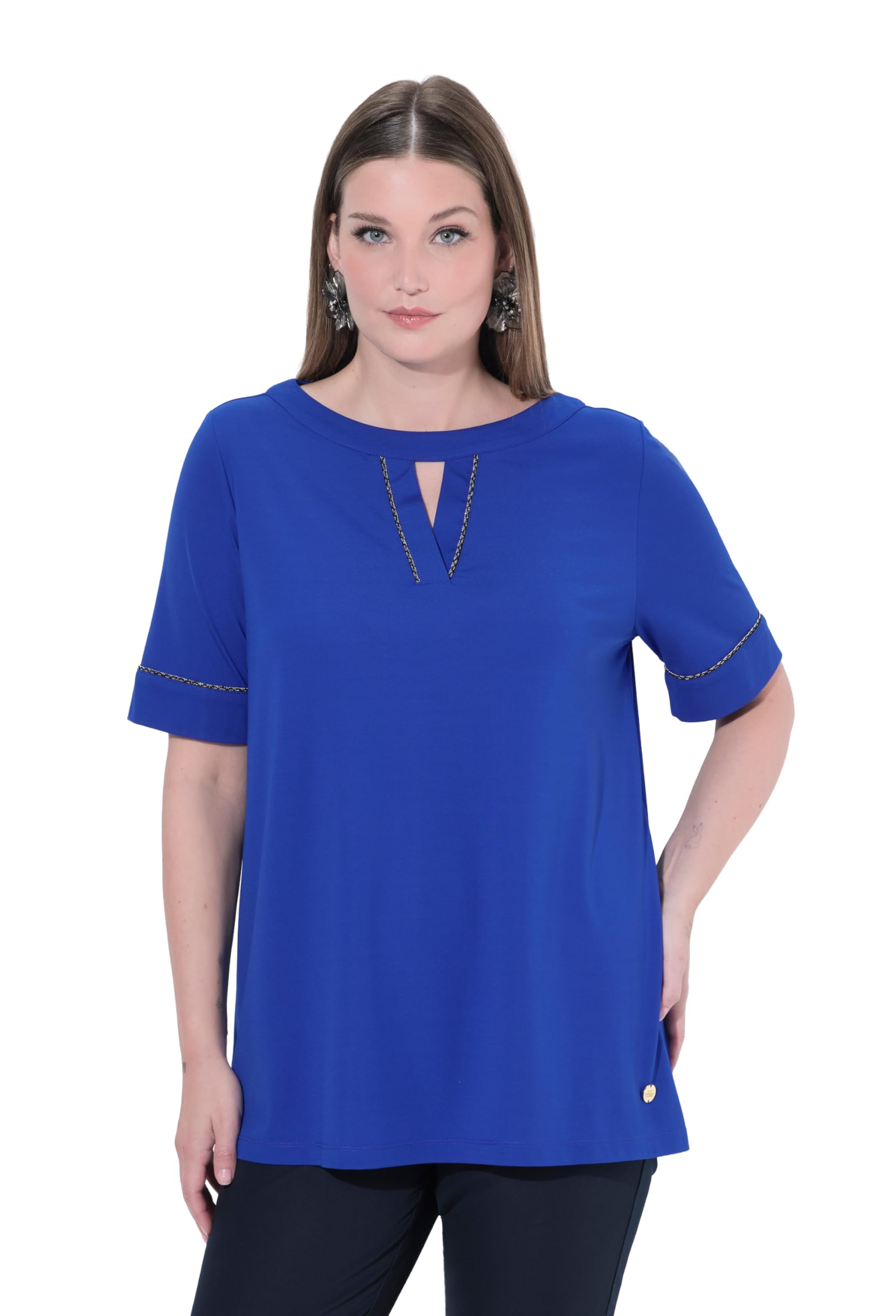 Ulla Popken Damen große Größen Übergrößen Plus Size Punto-Shirt, A-Linie, Zierband, U-Boot-Ausschnitt, Halbarm 847243