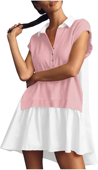 Womens Casual Summer Shirt Dresses 2024 Short Sleeve Button Lapel Patchword Tee Dress Loose Cute Aesthetic Y2k Dress