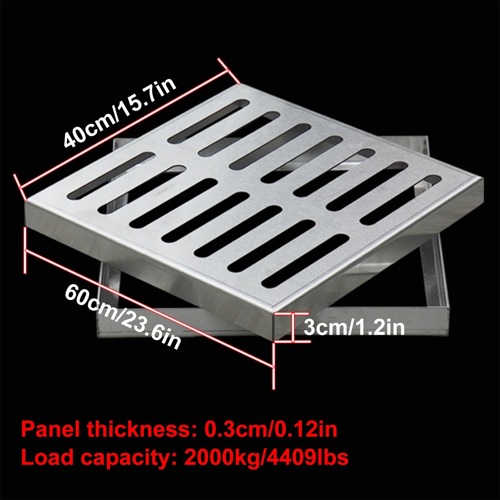 Tapa de Drenaje Exterior, Rejilla Cuadrada de Acero Inoxidable para sumideros, Apta para Patios y entradas de vehículos, Tapa de alcantarilla Inoxidable, 60x40x3 cm (24x16x1.2 Pulgadas) y SL