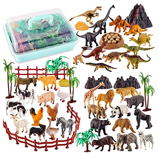 TOEY PLAY 3 en 1 Mini Animales de Juguete, 56 Piezas Animales Granja Selva Dinosaurios Juguete, Coleccion Figuras Animales Educativo Regalo Niños Niñas 3 4 5 6 Años