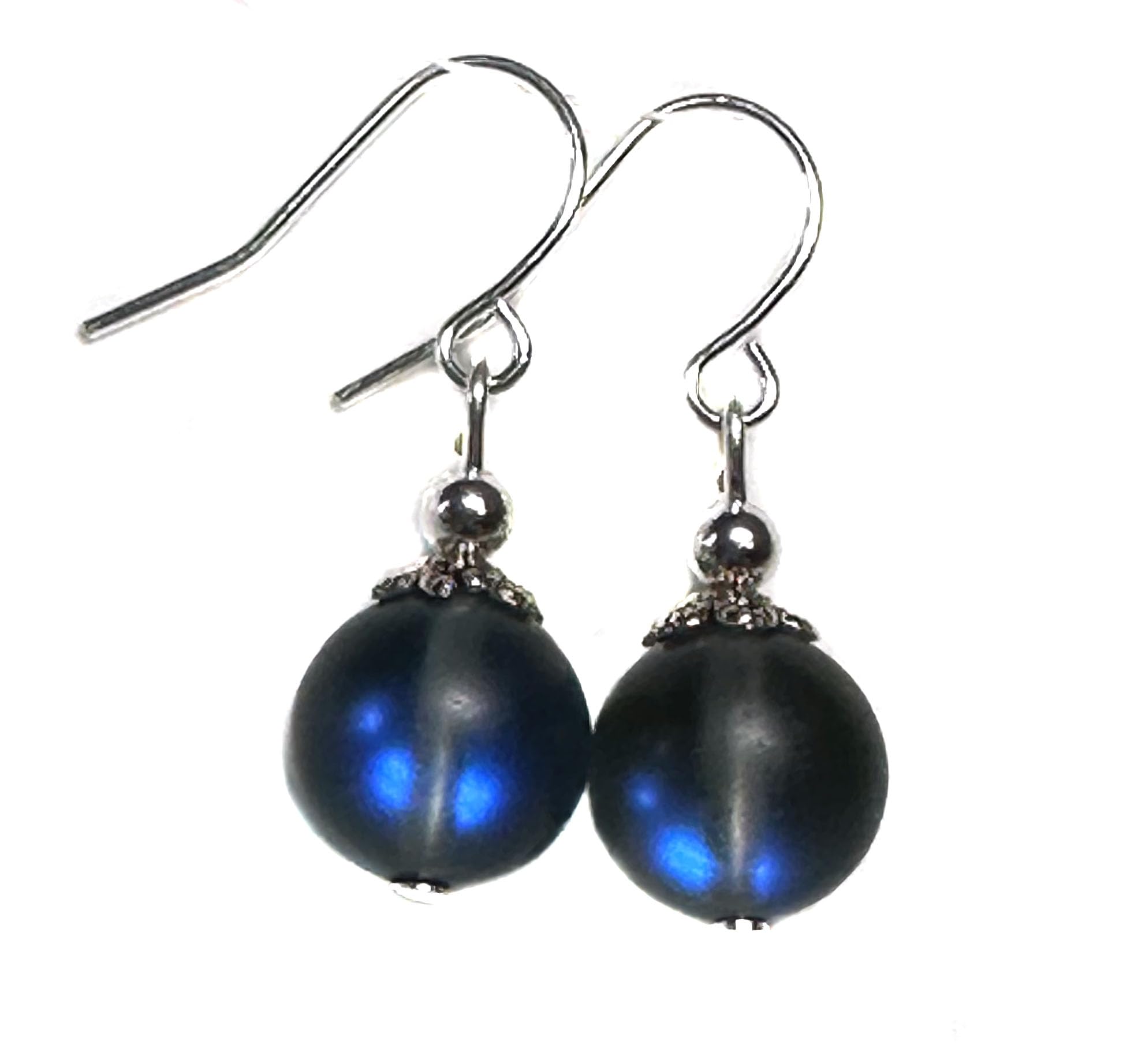 Black MoonSilver Magic Fairy Glow Firefly Glass Globe Drop Earrings (Enchanted Night Black Blue)