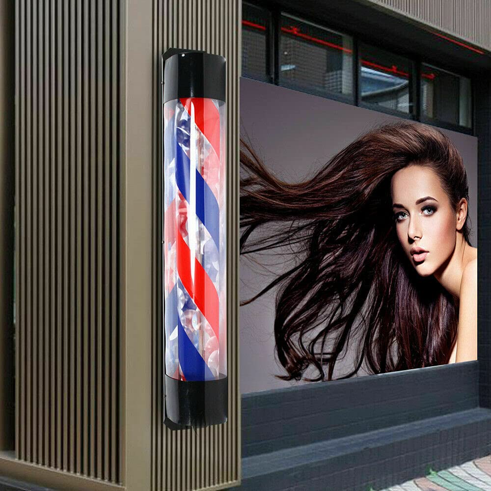 35" Led Barbers Pole Light Outdoor Rotating Illuminated Stripe Light Red White Blue Stripes Salon Shop Sign for Hair Salon Barber Shop