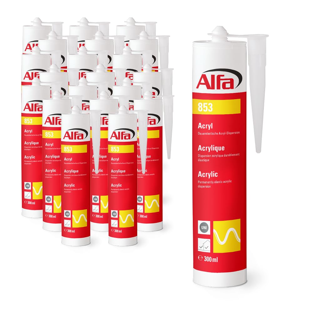 853 ALFA - Mastic acrylique de dispersion pour joints et fissures, lot de 20, 310 ml (6,2L), blanc, de qualité professionnelle, sans odeur, sans solvant, à forte adhérence
