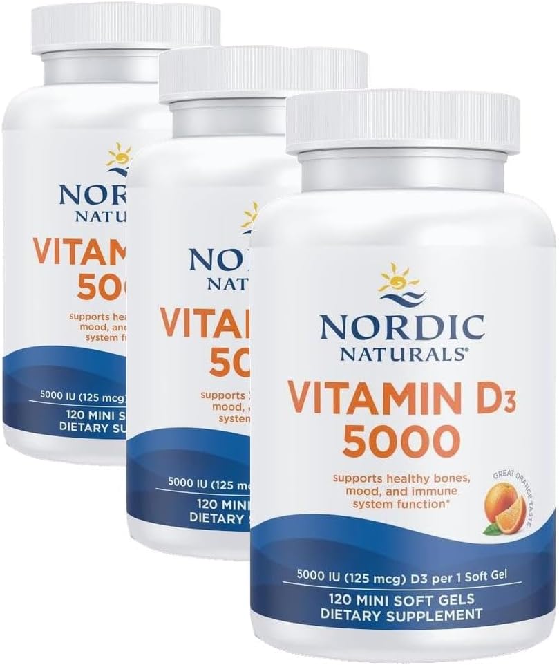 Nordic Naturals Vitamina D3 5000, naranja - 120 mini geles blandos - 5000 UI de vitamina D3 - Apoya la salud de los huesos, el estado de ánimo y la función del sistema inmunológico - Sin OGM - 120 porciones (paquete de 3)