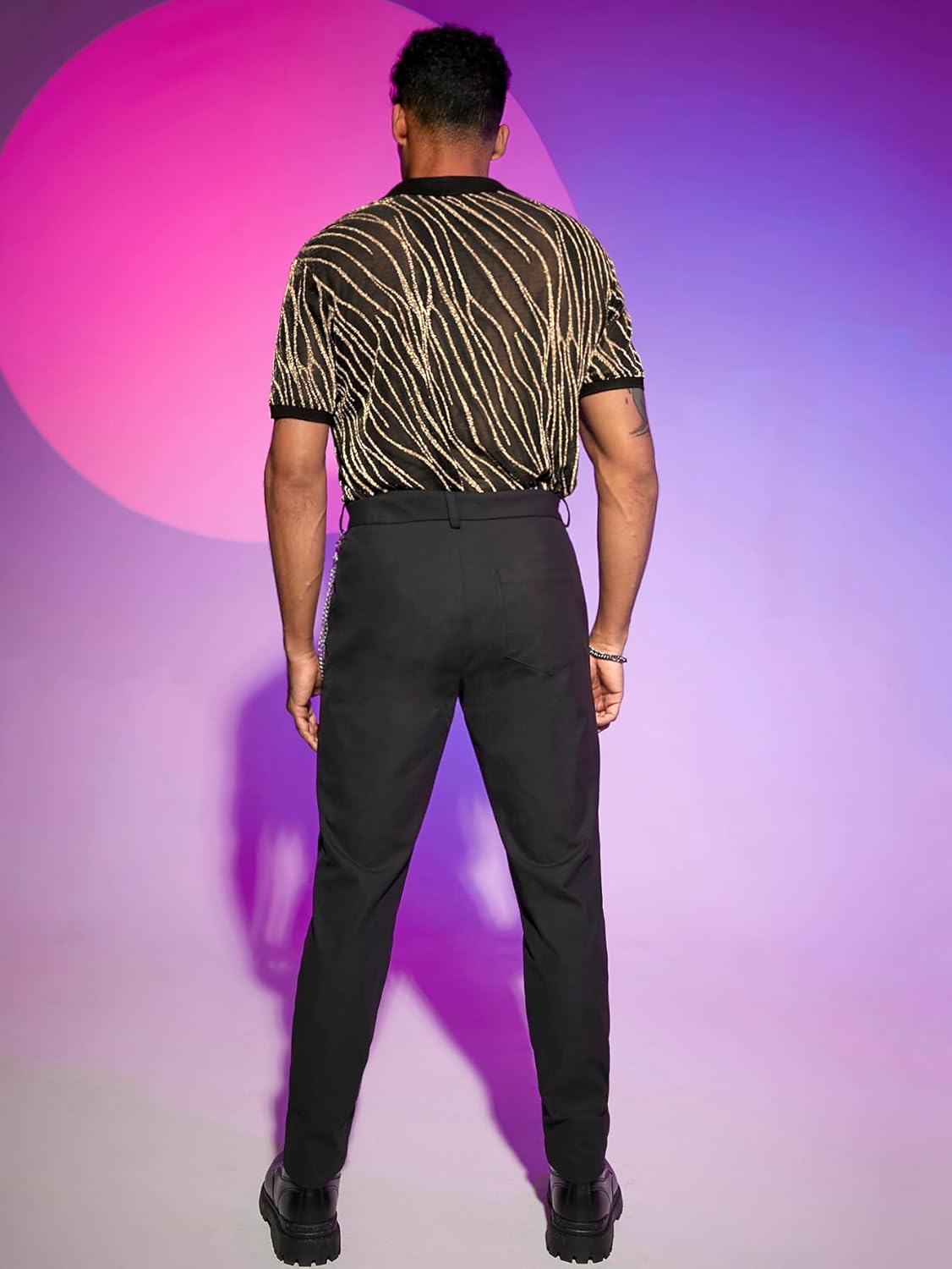 WDIRARA Men's Marble Print Glitter Mesh Sheer Collared Short Sleeve Tee Top Striped Party T Shirt - Image 6