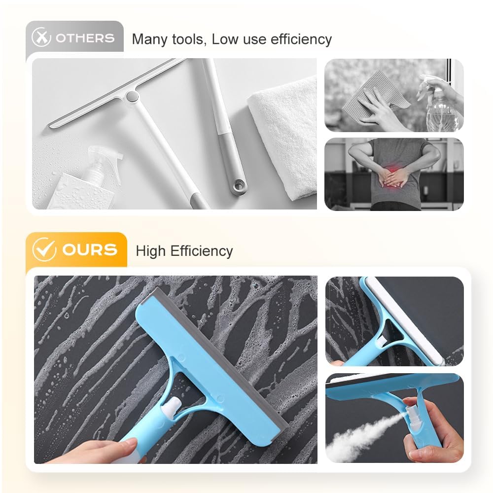 Rascador de limpieza de ventanas, herramienta multifunción 3 en 1 para limpiar cristales con spray y escobilla de goma, limpiador multiusos para ducha, baño, suelo, coche