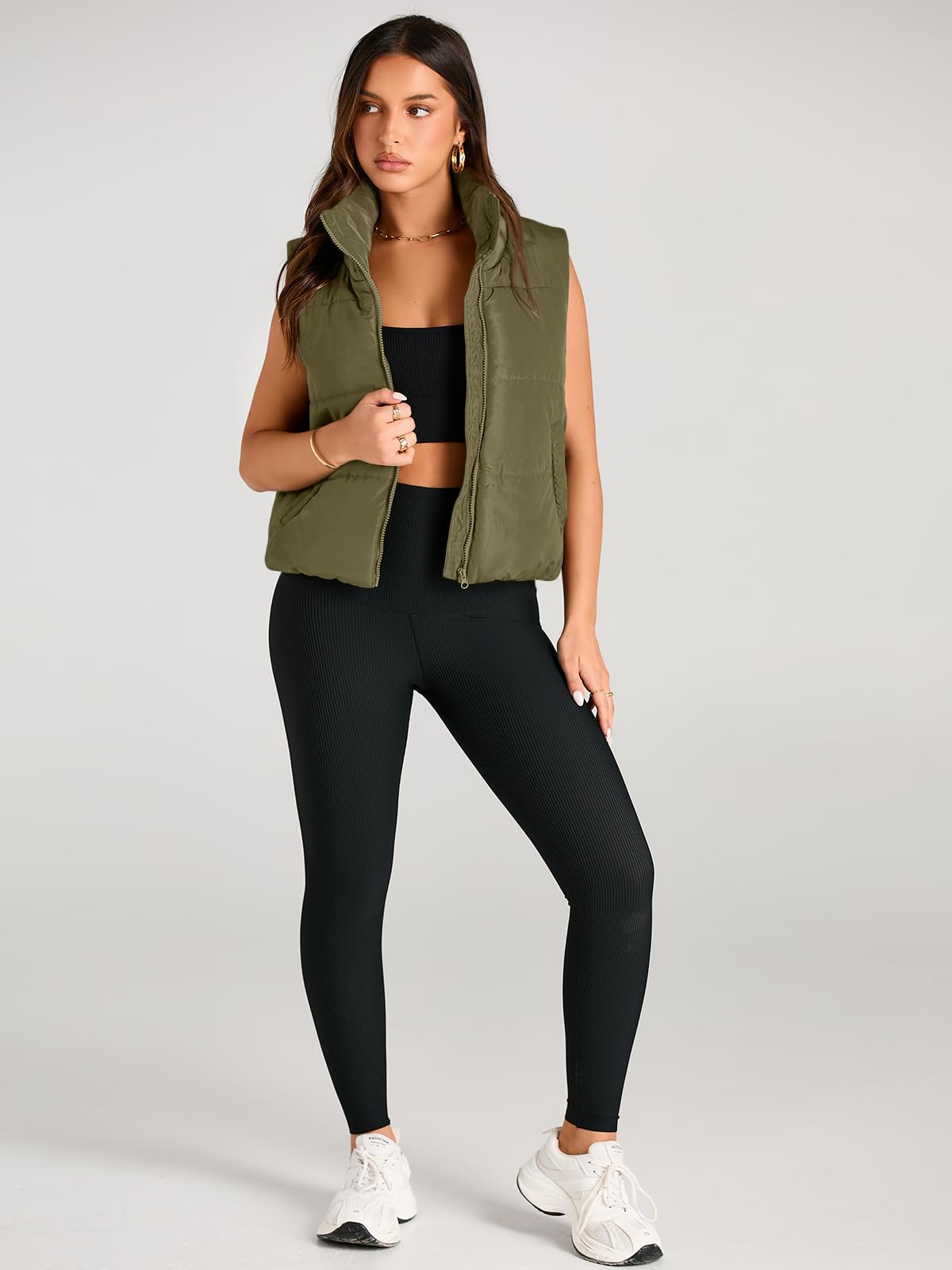 AUTOMET Women‘s Cropped Puffer Vest, Y2K Inspired Sleeveless Gilet for Fall Winter Spring, Casual to Street Outerwear: Army Green X-Small