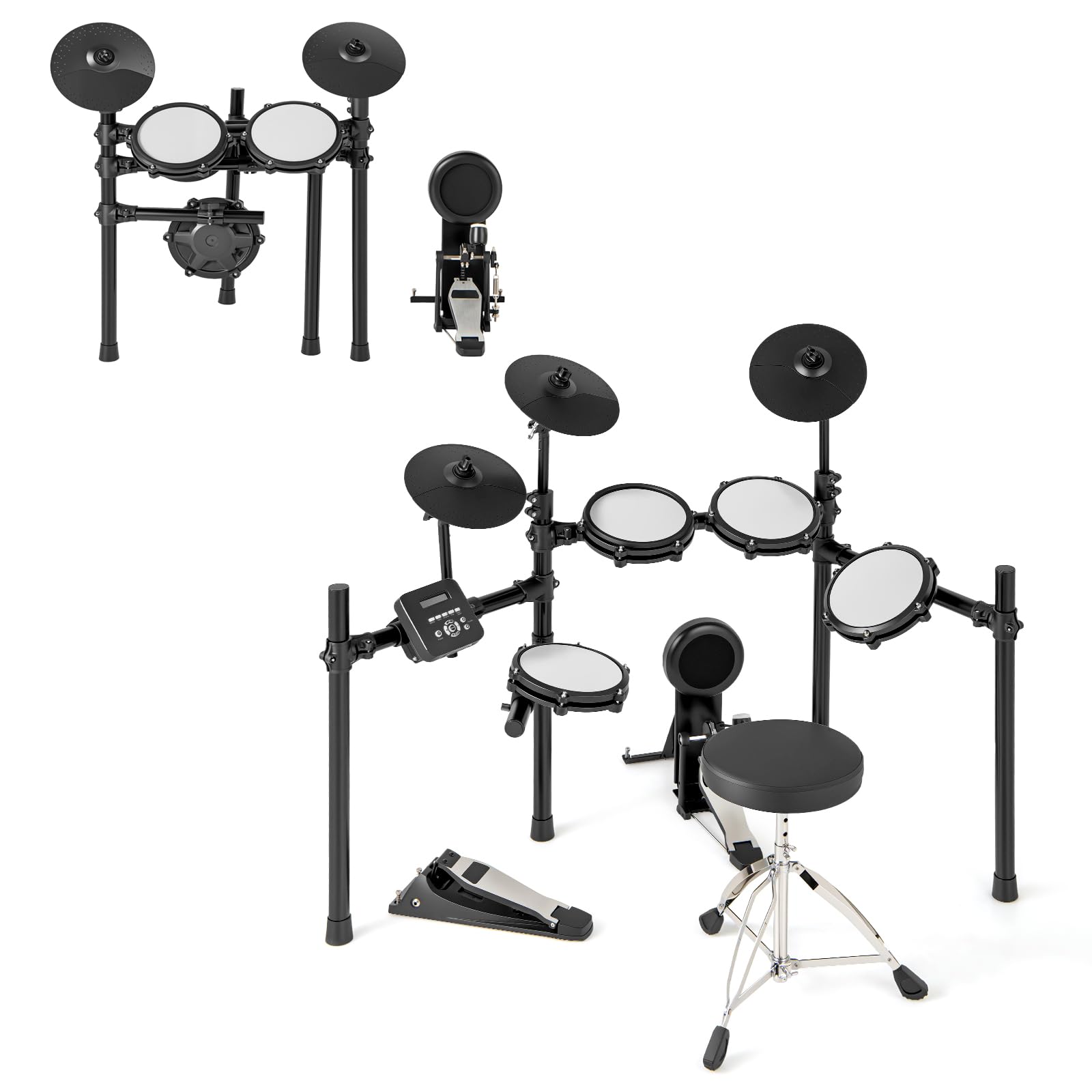 KOMFOTTEU Batteria Elettronica Pieghevole, Batteria Elettrica con 225 Suoni, 15 Combinazioni di Batteria, 30 Canzoni, 9 Metronomi e Midi, Strumento Musicale con Sgabello Regolabile e Cuffie