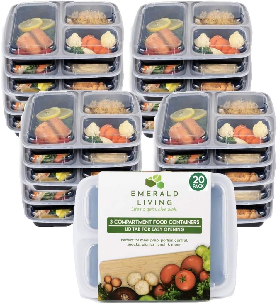 Premium 3 Compartment BPA Free Meal Prep Containers. Reusable Plastic Food Containers with Lids. Stackable, Microwavable, Freezer & Dishwasher Safe Bento Lunch Box Set. 1L.10 Pack