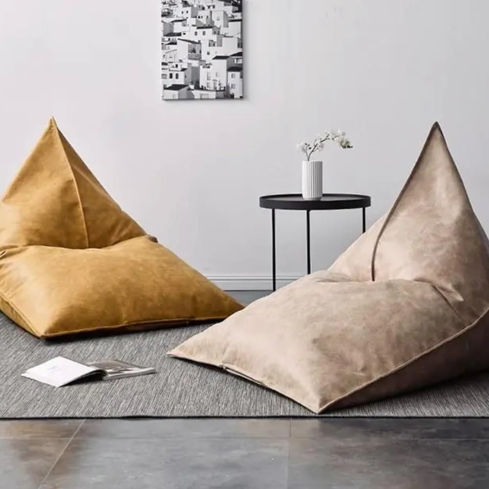SXBCyan Bean Bag Chair (No Filling) Adult Triangle PU Leather Bean Bag Cover No Filler Floor Seat Beanbag Chair Pouf Cover Ottoman Single Sofa Furniture for Bedroom Living Room Garden(Beige)