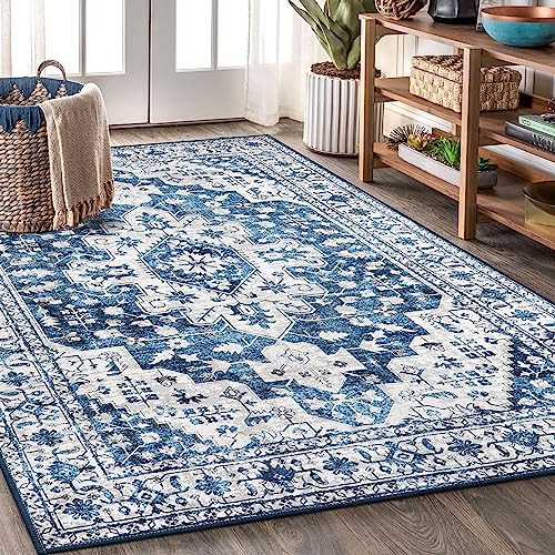 Moynesa Ultra-Thin Vintage 8x10 Area Rugs - Blue Bedroom Rugs for Living Room Non-Slip Stain Resistant, Printed Oriental Playroom Mat Indoor Floor Carpet for Dining Table Office Decor