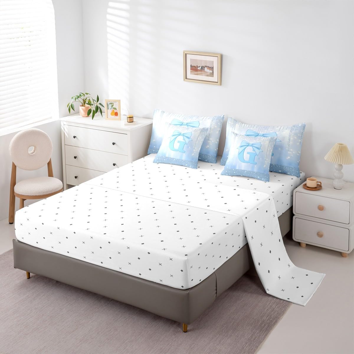 Feelyou Blue Bowknot Comforter Set Twin Size 7 Pieces Initial Letter G Bedding Set Kids Boy Girls Princess Glitter Bed in a Bag with Comforter, Sheets, Pillowcases, Cushion Covers Cute Bow Alphabet