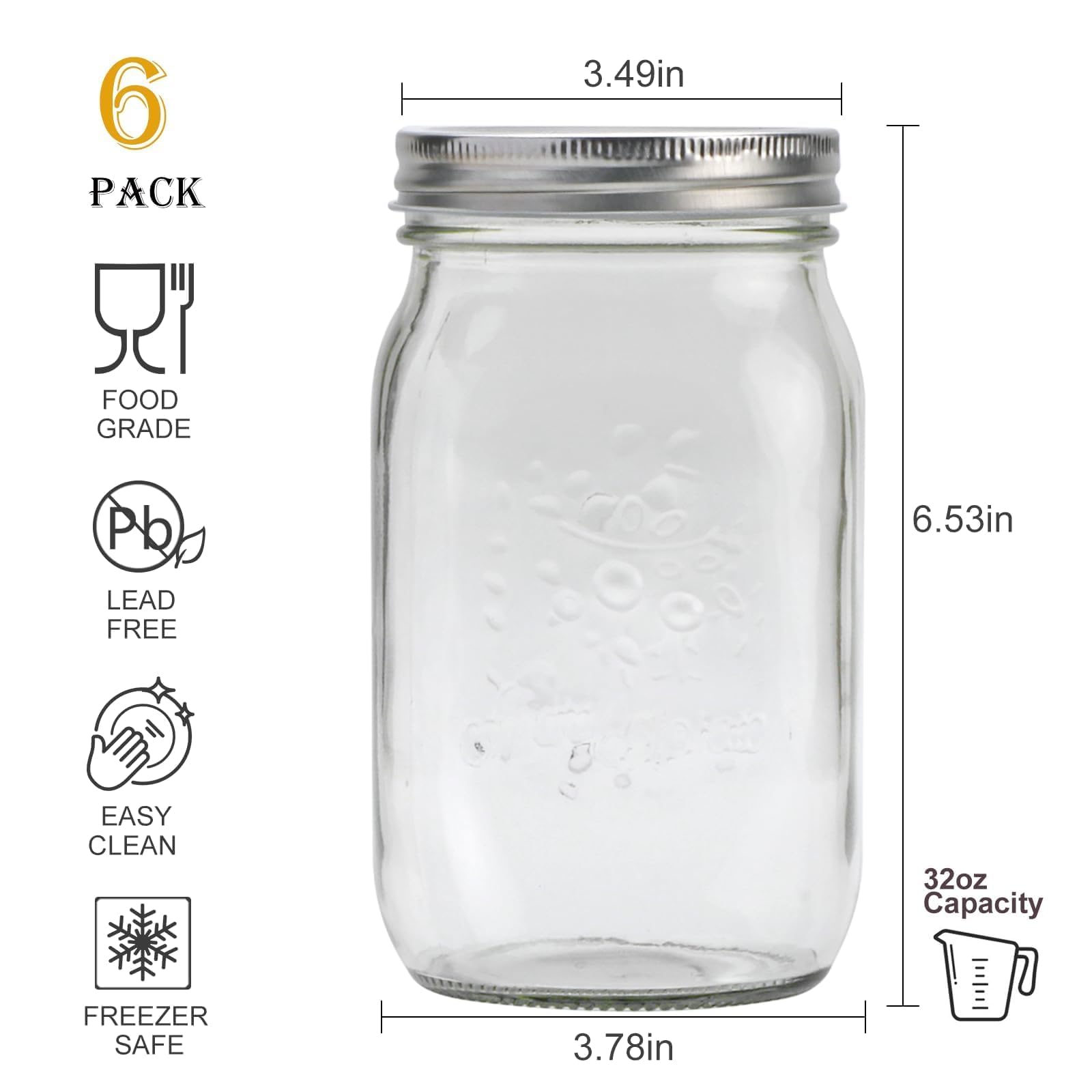 Flrolove Barattoli di vetro con coperchio ermetico, 907 g, confezione da 6 barattoli per alimenti, avena notturna, cibo secco, snack, caramelle, marmellata, miele, gelatina
