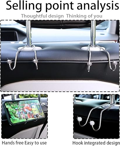 Miniatura 3 de AUCELI 2 ganchos brillantes para reposacabezas de automóvil, organizador de reposacabezas de asiento trasero de automóvil, con diamantes de