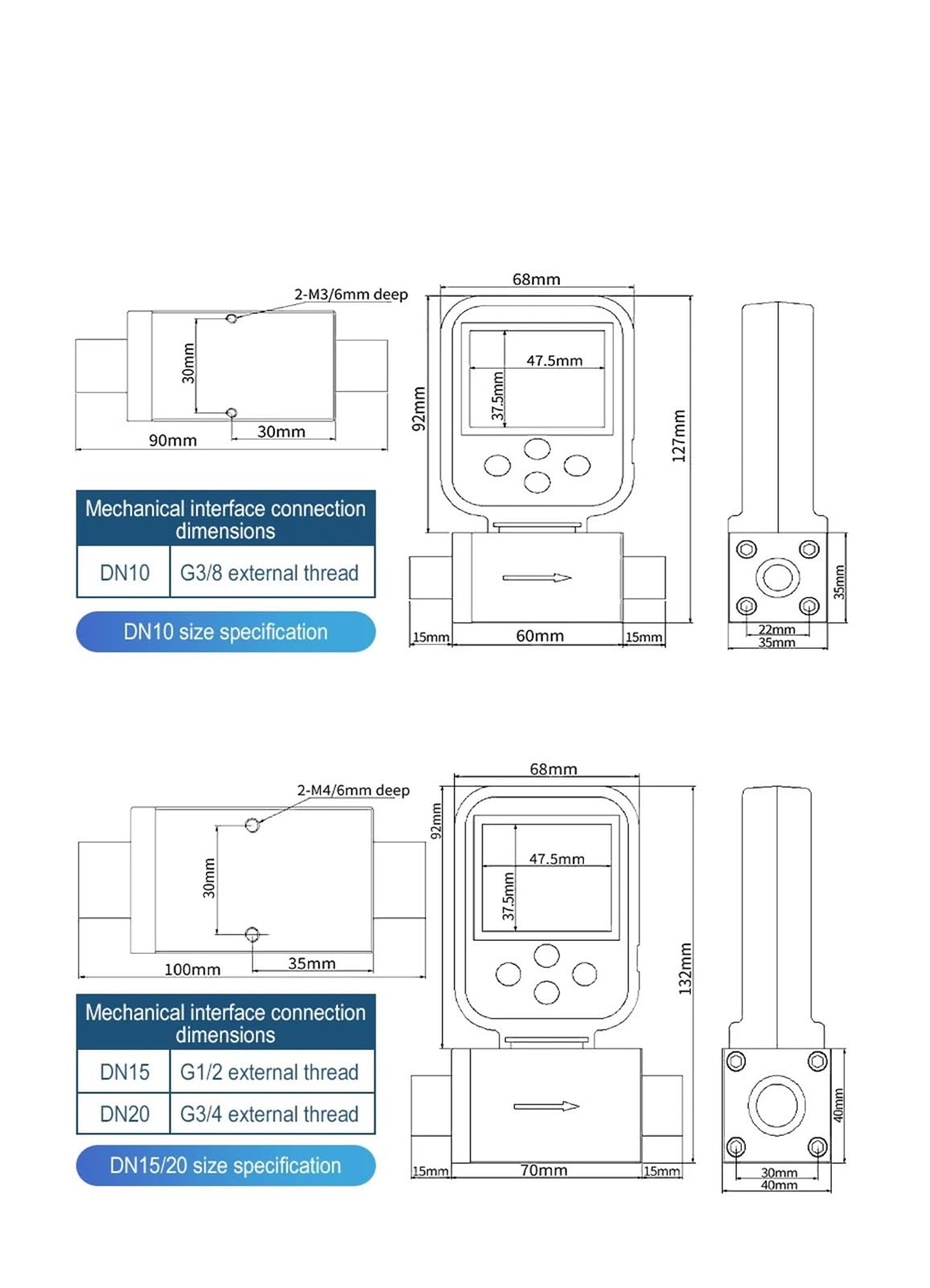 Caudalímetro de gas caliente con rosca externa G3/8G1/2G3/4(DN20)