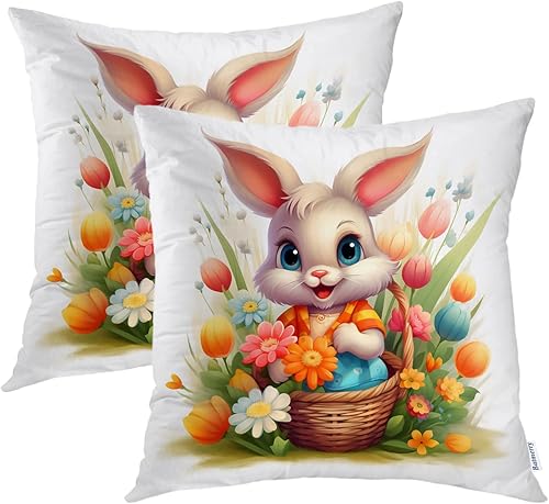 Batmerry Bunny Basket of Flowers Cute Rabbit Spring Scene Throw Pillow Covers, A Cute Bunny Flowers Decorative Pillow Covers Digital Printing