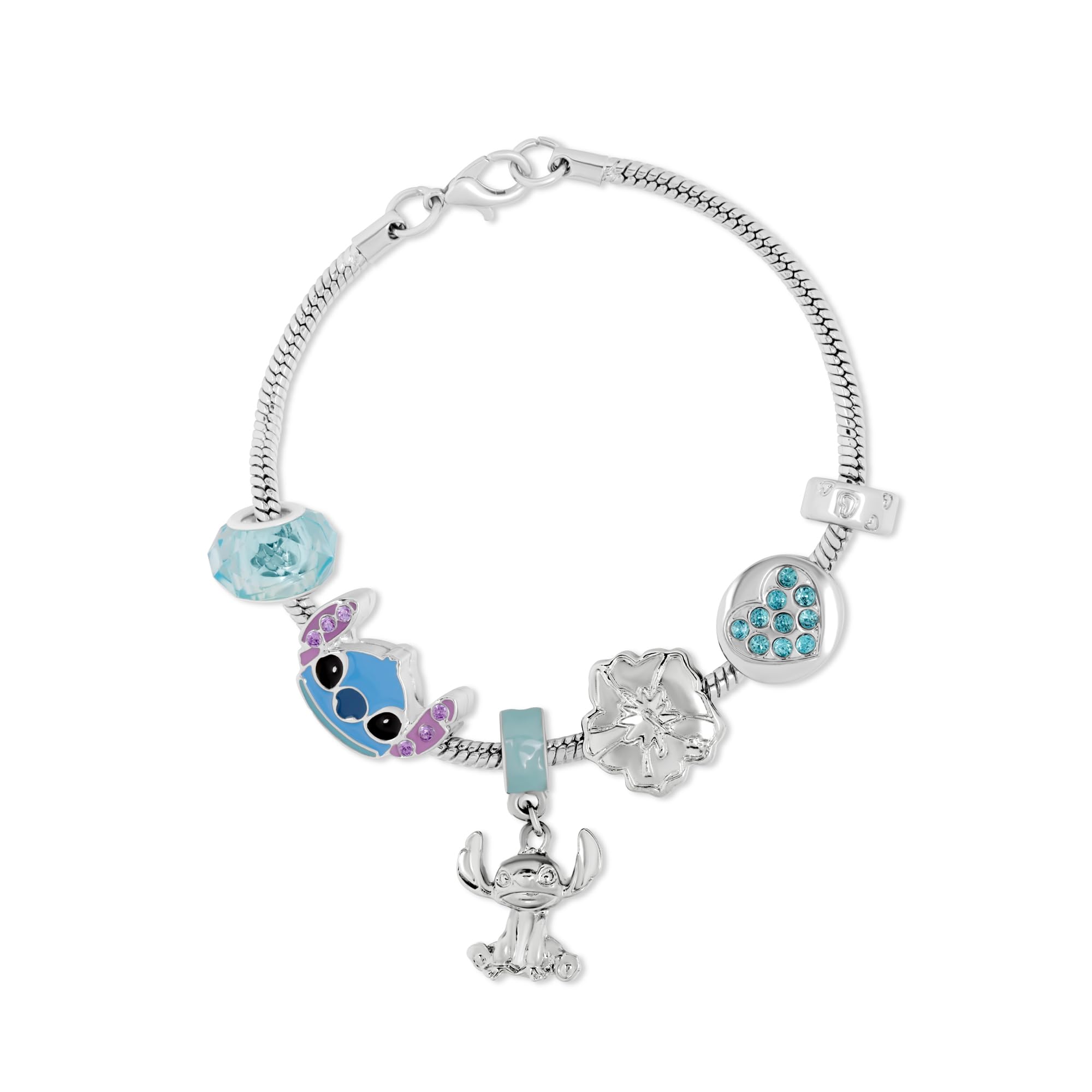 Disney Stitch Silver Plated Blue Charm and Bead Adjustable Bracelet for Girls