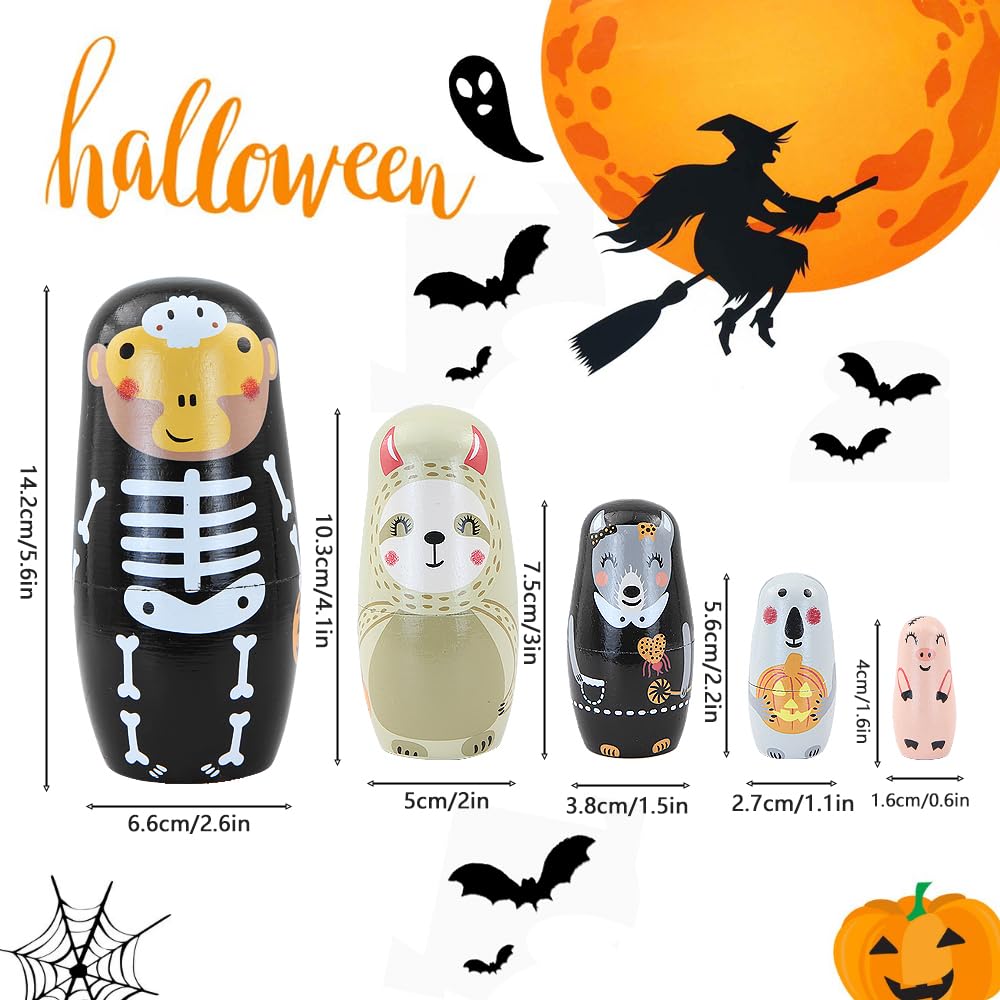5 Poupées Gigognes En Bois Halloween - Singe, Raton, Loup... Motifs Citrouille Squelette - Cadeau Enfant, Décoration
